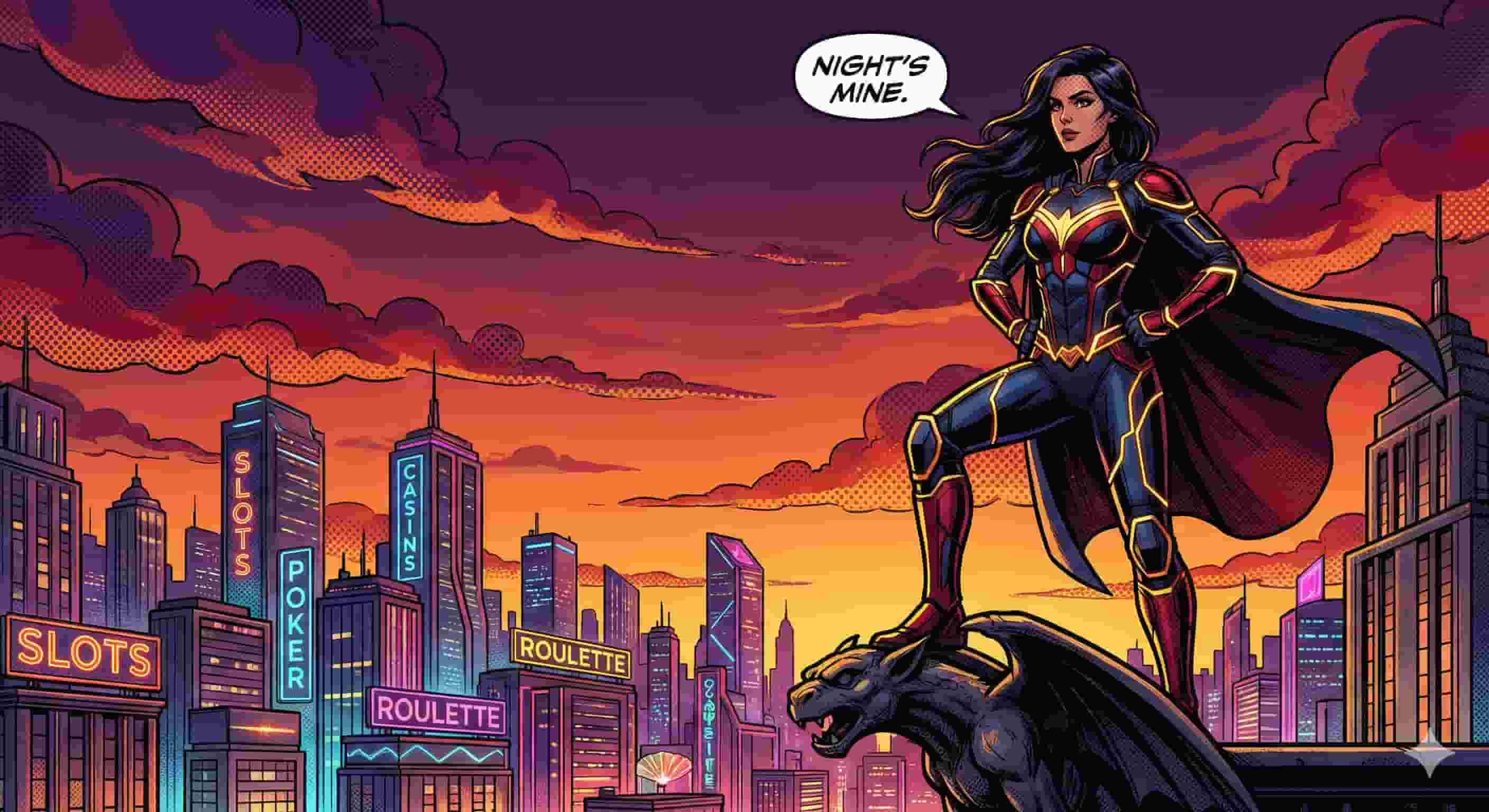 Bohaterka Allyspin Casino na tle neonowego miasta – wejdź do gry i odbierz pakiet powitalny